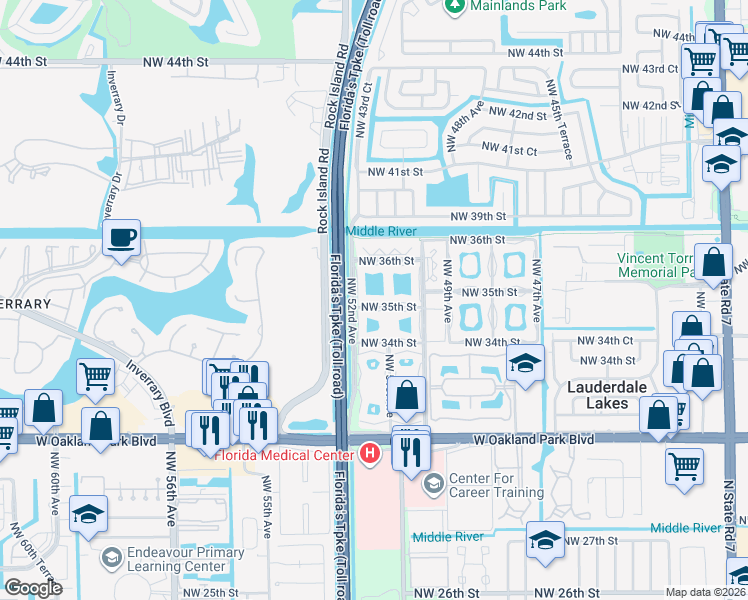 map of restaurants, bars, coffee shops, grocery stores, and more near 5103 Northwest 35th Street in Lauderdale Lakes