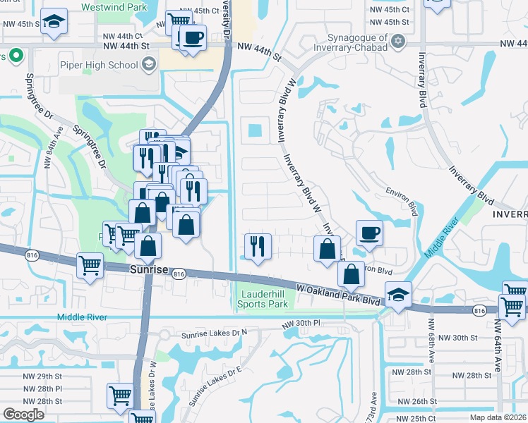 map of restaurants, bars, coffee shops, grocery stores, and more near 7441 Northwest 35th Court in Lauderhill