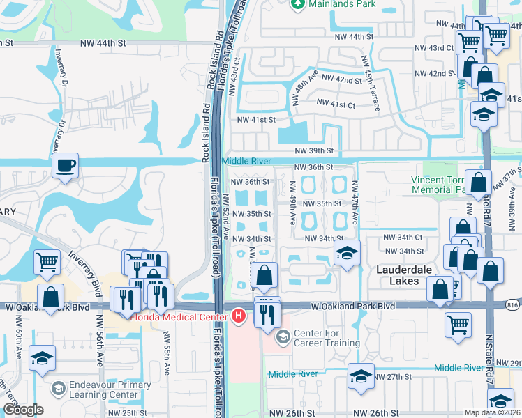 map of restaurants, bars, coffee shops, grocery stores, and more near 5003 Northwest 35th Street in Lauderdale Lakes
