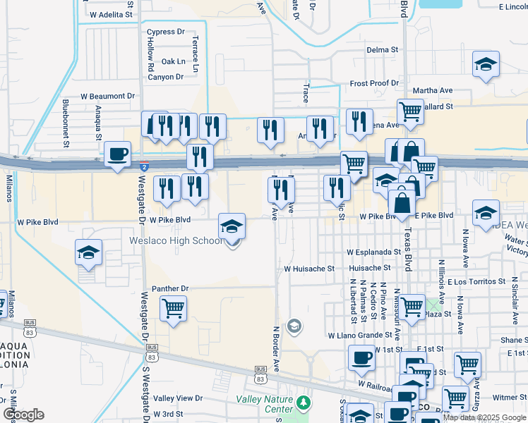 map of restaurants, bars, coffee shops, grocery stores, and more near 914 West Pike Boulevard in Weslaco