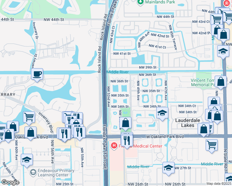 map of restaurants, bars, coffee shops, grocery stores, and more near 5103 Northwest 35th Street in Lauderdale Lakes