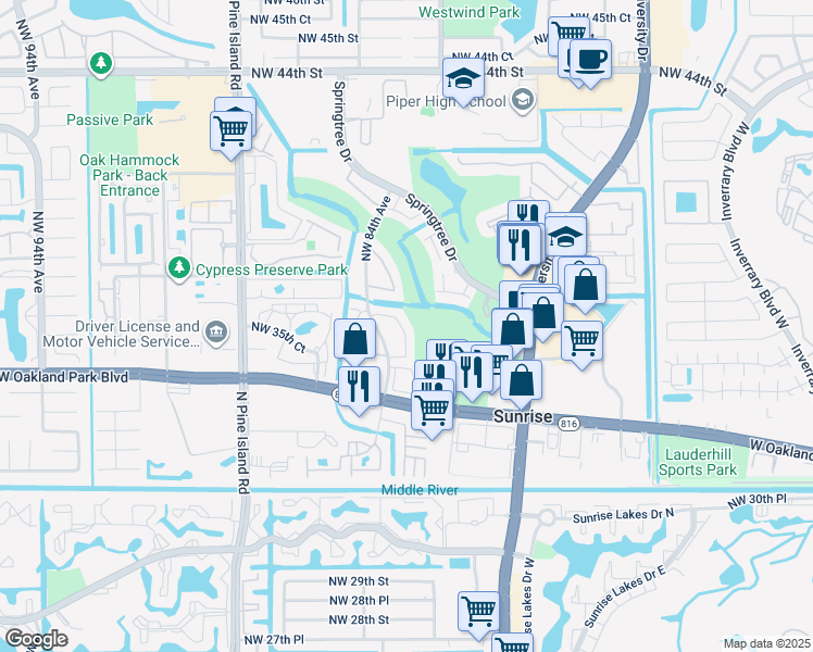 map of restaurants, bars, coffee shops, grocery stores, and more near 3650 Northwest 83rd Lane in Sunrise