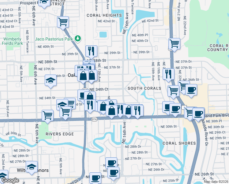 map of restaurants, bars, coffee shops, grocery stores, and more near 1570 Northeast 34th Court in Oakland Park