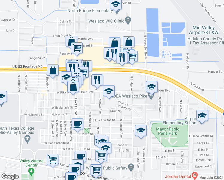 map of restaurants, bars, coffee shops, grocery stores, and more near 525 East Pike Boulevard in Weslaco