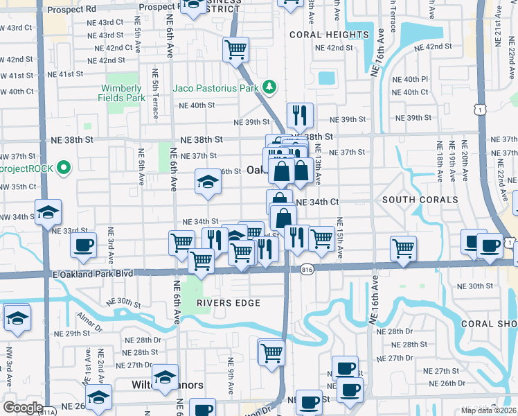 map of restaurants, bars, coffee shops, grocery stores, and more near 1074 Northeast 34th Court in Oakland Park