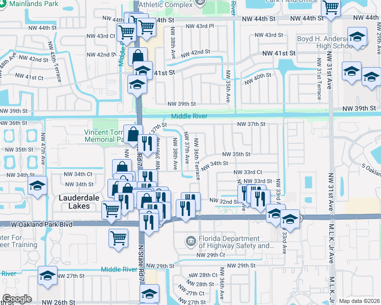 map of restaurants, bars, coffee shops, grocery stores, and more near 3548 Northwest 37th Avenue in Lauderdale Lakes
