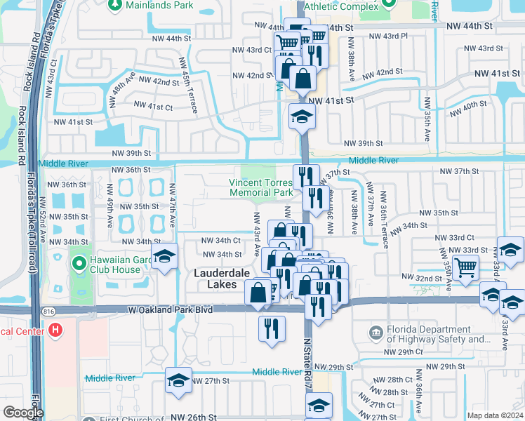 map of restaurants, bars, coffee shops, grocery stores, and more near 3521 Northwest 43rd Avenue in Lauderdale Lakes