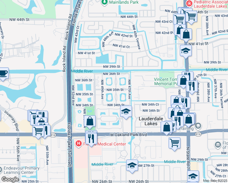 map of restaurants, bars, coffee shops, grocery stores, and more near 4805 Northwest 35th Street in Lauderdale Lakes