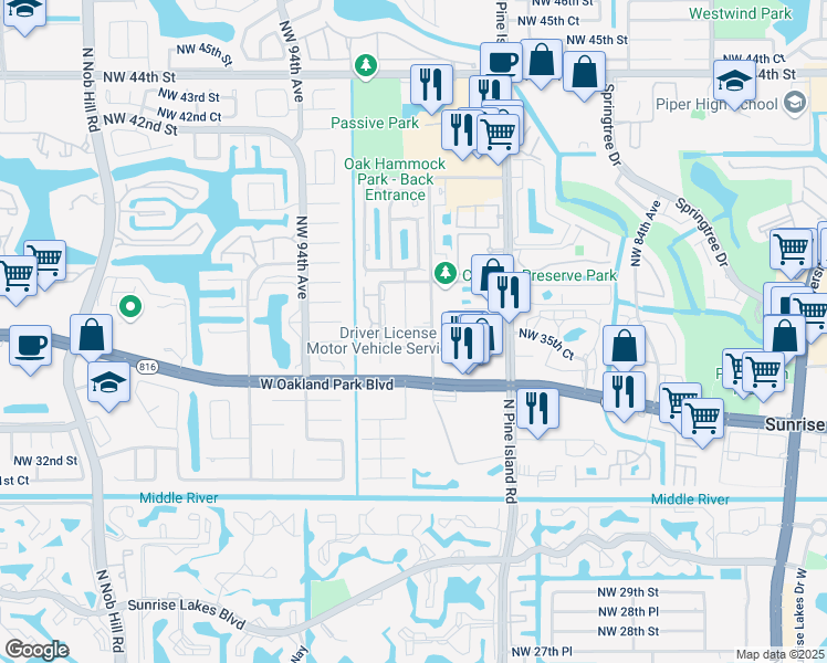 map of restaurants, bars, coffee shops, grocery stores, and more near 3621 Northwest 36th Street in Sunrise