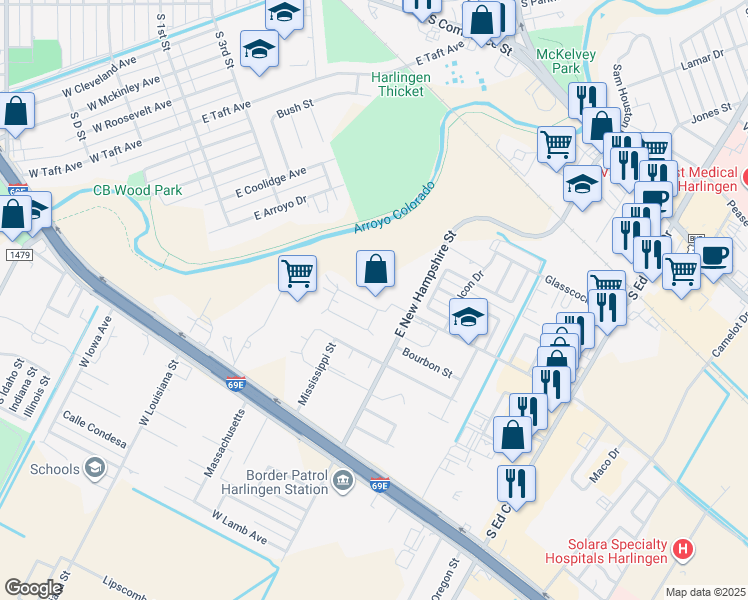 map of restaurants, bars, coffee shops, grocery stores, and more near 3613 North Arroyo Park Lane in Harlingen