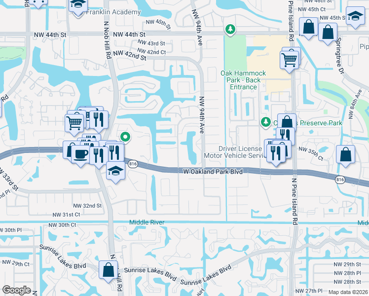 map of restaurants, bars, coffee shops, grocery stores, and more near 3564 Northwest 95th Terrace in Sunrise