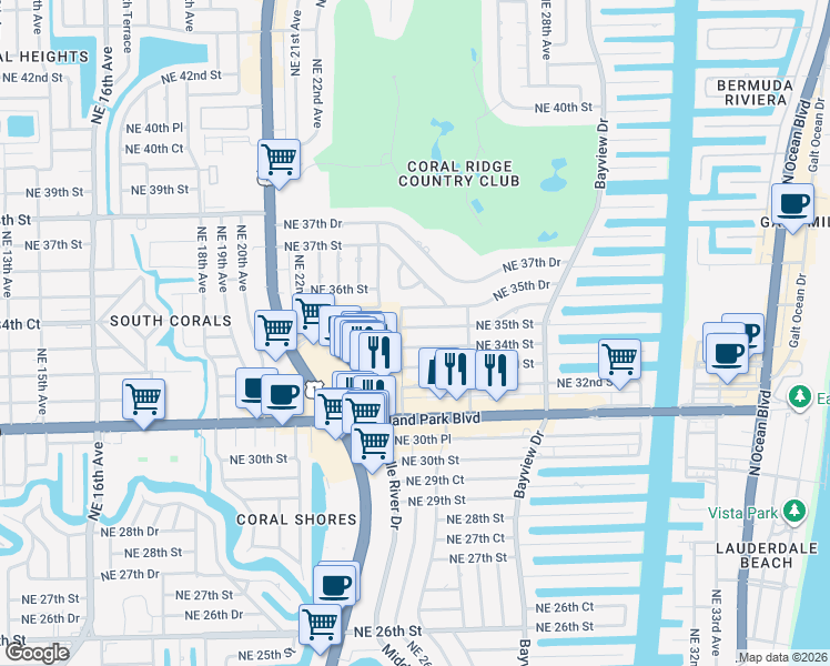 map of restaurants, bars, coffee shops, grocery stores, and more near 2617 Northeast 35th Street in Fort Lauderdale