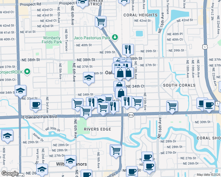 map of restaurants, bars, coffee shops, grocery stores, and more near 1074 Northeast 34th Court in Oakland Park