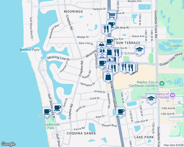 map of restaurants, bars, coffee shops, grocery stores, and more near 1963 Alamanda Drive in Naples
