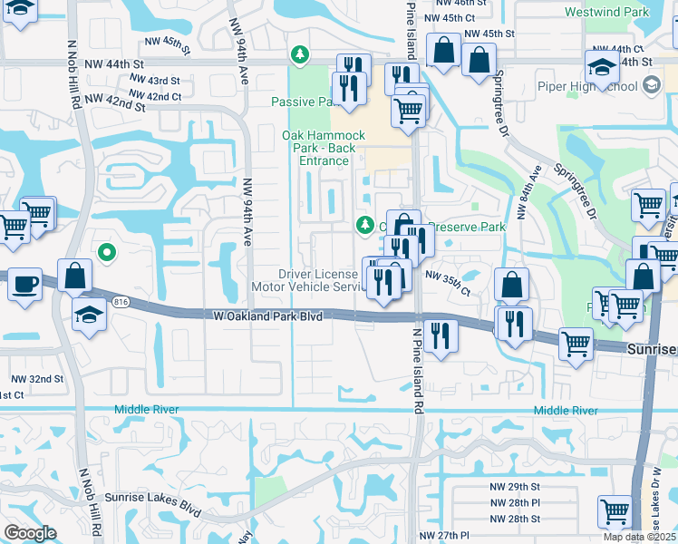 map of restaurants, bars, coffee shops, grocery stores, and more near 3621 Northwest 36th Street in Sunrise