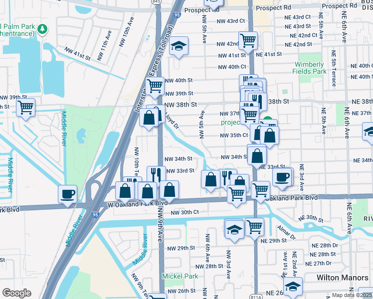 map of restaurants, bars, coffee shops, grocery stores, and more near 745 Northwest 35th Street in Oakland Park