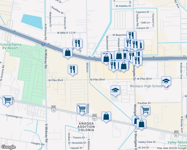 map of restaurants, bars, coffee shops, grocery stores, and more near 2300 West Pike Boulevard in Weslaco