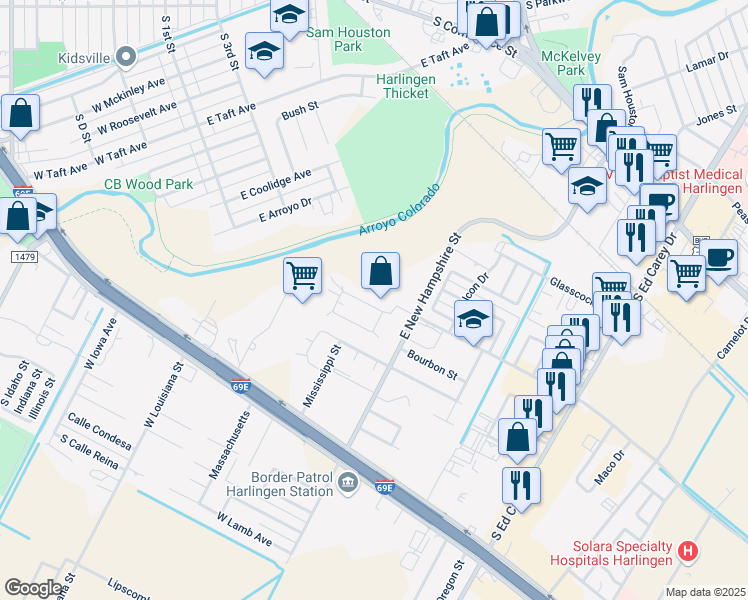 map of restaurants, bars, coffee shops, grocery stores, and more near 3613 North Arroyo Park Lane in Harlingen
