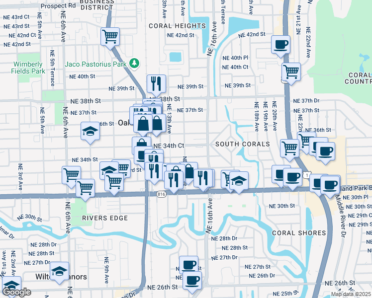 map of restaurants, bars, coffee shops, grocery stores, and more near 3432 Northeast 15th Avenue in Oakland Park