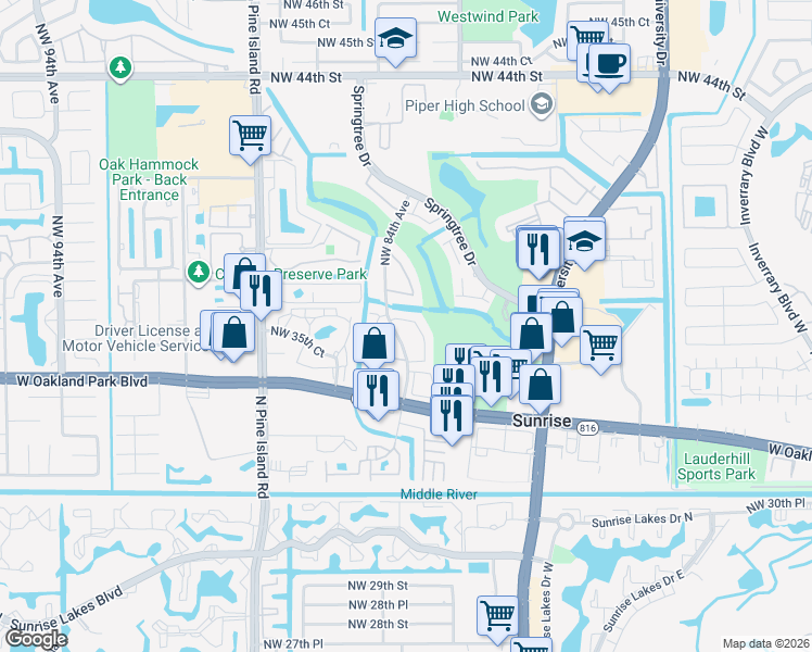 map of restaurants, bars, coffee shops, grocery stores, and more near 3683 Northwest 83rd Lane in Sunrise