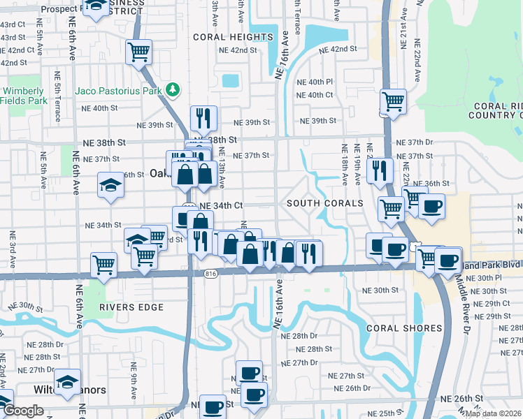 map of restaurants, bars, coffee shops, grocery stores, and more near 1558 Northeast 34th Court in Oakland Park