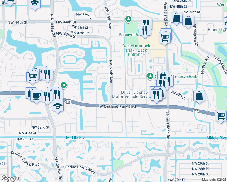 map of restaurants, bars, coffee shops, grocery stores, and more near 9380 Northwest 35th Manor in Sunrise
