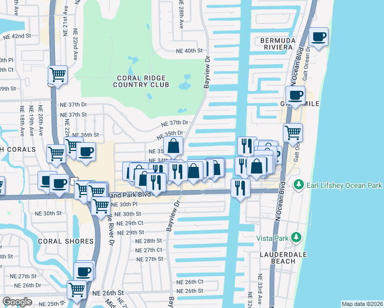 map of restaurants, bars, coffee shops, grocery stores, and more near 2824 Northeast 35th Street in Fort Lauderdale