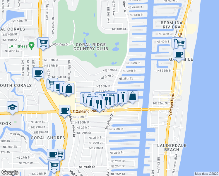 map of restaurants, bars, coffee shops, grocery stores, and more near 2764 Northeast 35th Street in Fort Lauderdale