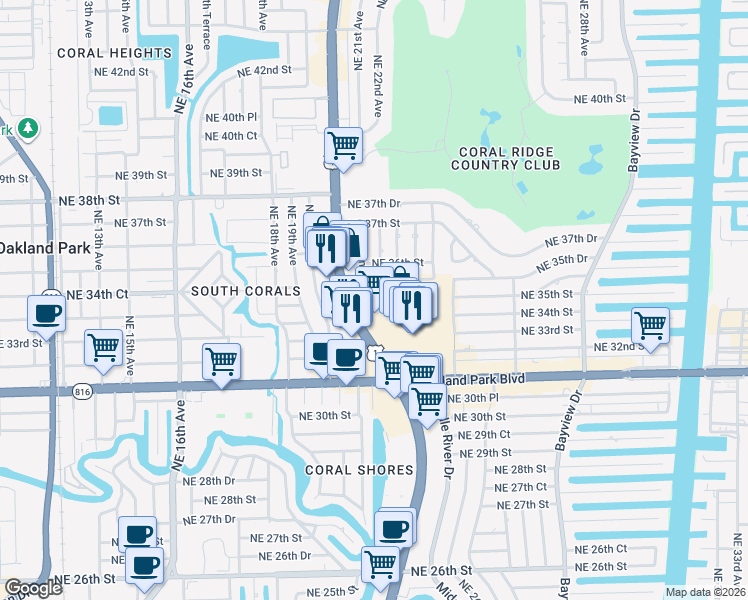 map of restaurants, bars, coffee shops, grocery stores, and more near 3511 Northeast 22nd Avenue in Fort Lauderdale