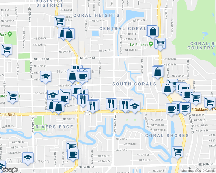 map of restaurants, bars, coffee shops, grocery stores, and more near 1570 Northeast 34th Court in Oakland Park