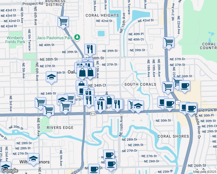map of restaurants, bars, coffee shops, grocery stores, and more near 1498 Northeast 34th Court in Oakland Park