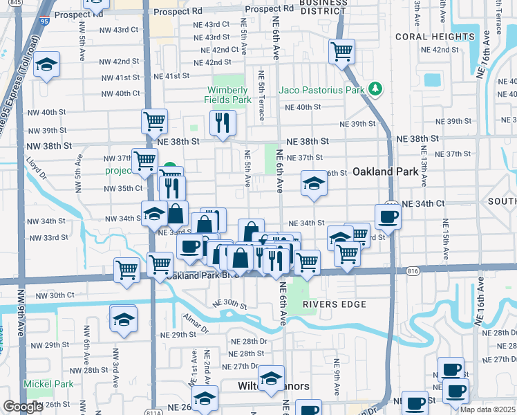 map of restaurants, bars, coffee shops, grocery stores, and more near 499 Northeast 34th Court in Oakland Park