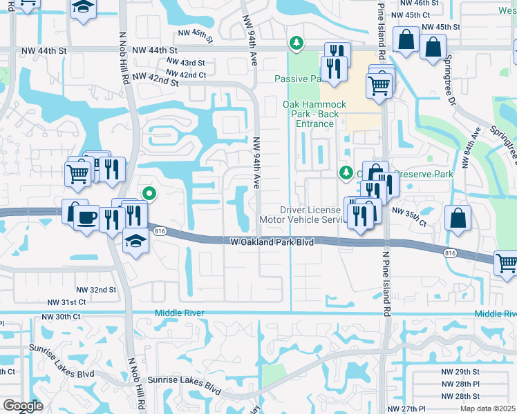 map of restaurants, bars, coffee shops, grocery stores, and more near 9380 Northwest 35th Manor in Sunrise