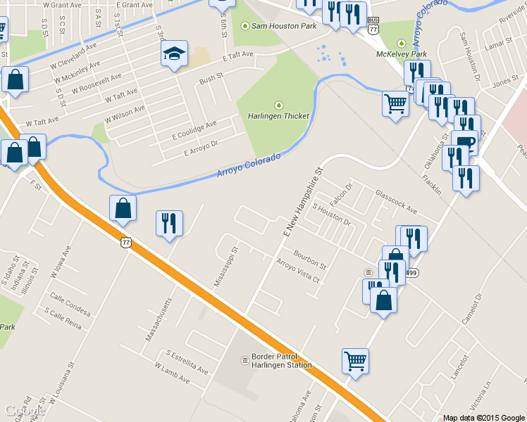 map of restaurants, bars, coffee shops, grocery stores, and more near 3613 North Arroyo Park Lane in Harlingen