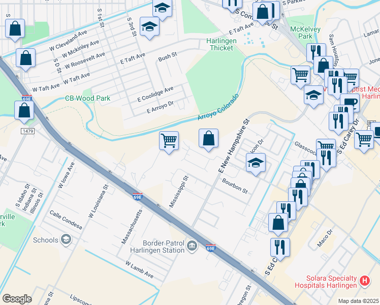 map of restaurants, bars, coffee shops, grocery stores, and more near 3413 North Arroyo Park Lane in Harlingen