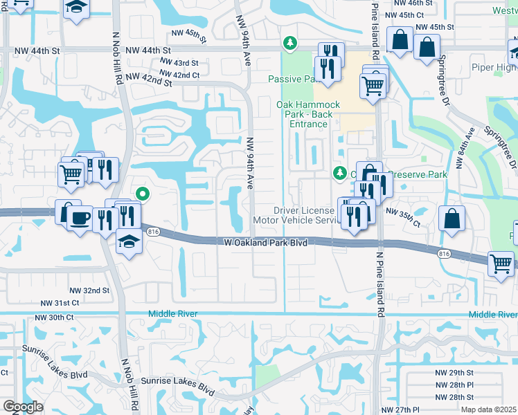 map of restaurants, bars, coffee shops, grocery stores, and more near 9380 Northwest 35th Manor in Sunrise