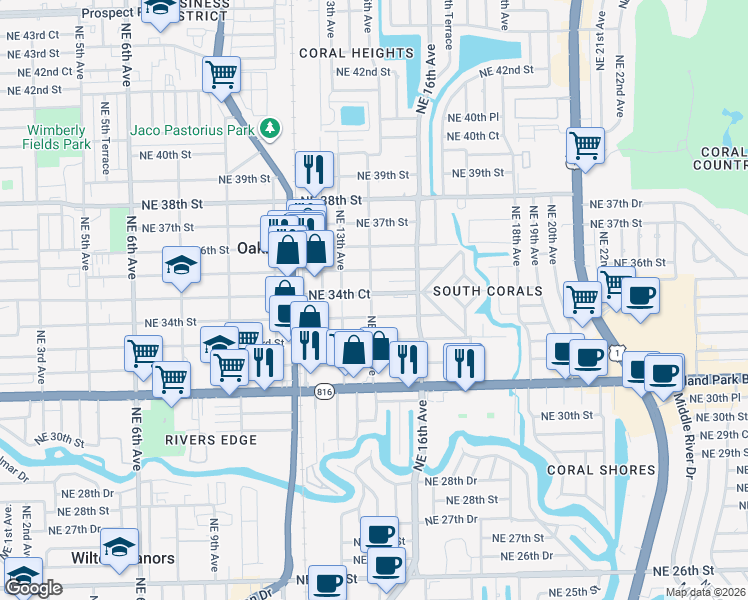 map of restaurants, bars, coffee shops, grocery stores, and more near 1498 Northeast 34th Court in Oakland Park