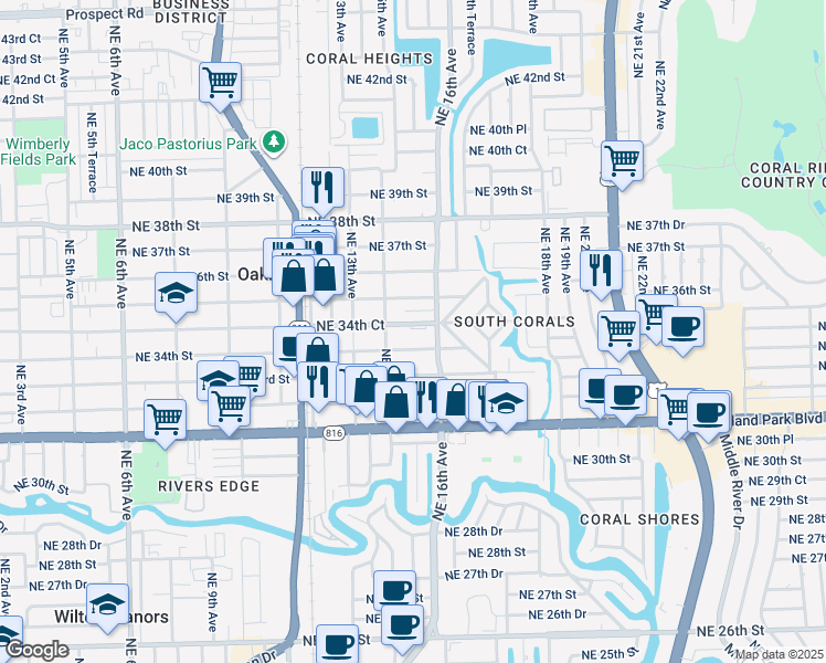map of restaurants, bars, coffee shops, grocery stores, and more near 1550 Northeast 34th Court in Oakland Park