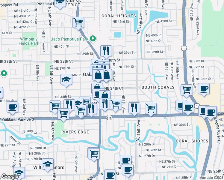 map of restaurants, bars, coffee shops, grocery stores, and more near 3450-3462 Northeast 12th Avenue in Oakland Park