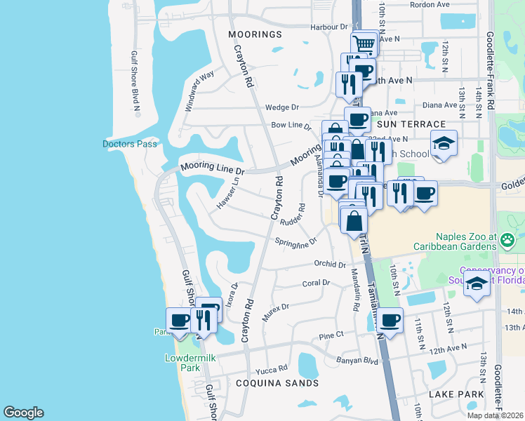 map of restaurants, bars, coffee shops, grocery stores, and more near 479 Rudder Road in Naples