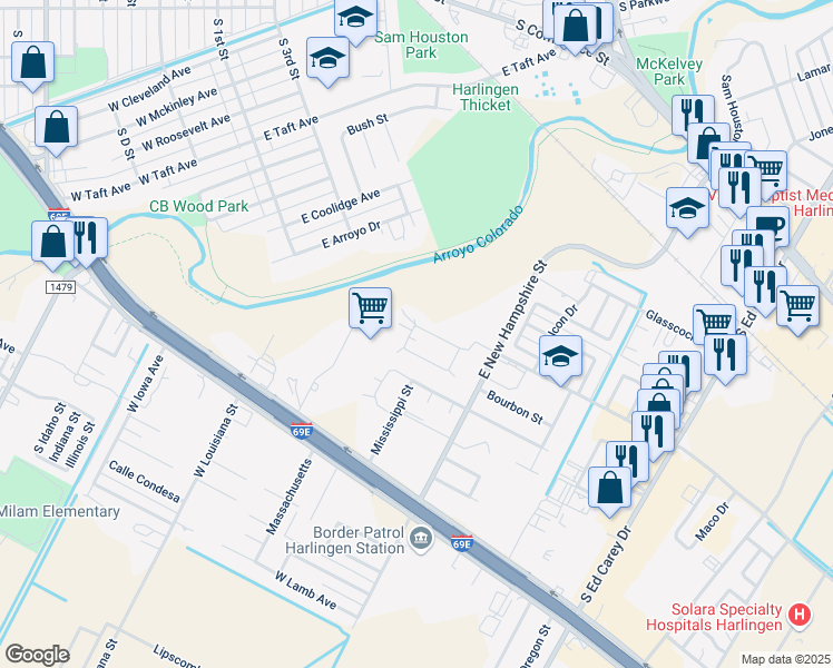 map of restaurants, bars, coffee shops, grocery stores, and more near 808 West Arroyo Park Lane in Harlingen