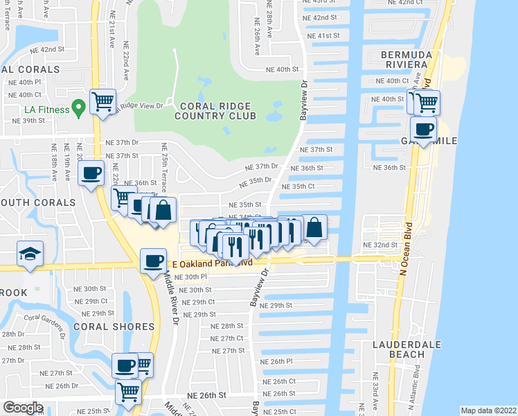 map of restaurants, bars, coffee shops, grocery stores, and more near 2764 Northeast 35th Street in Fort Lauderdale
