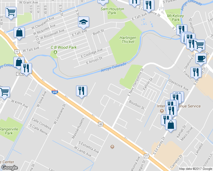 map of restaurants, bars, coffee shops, grocery stores, and more near 805 West Arroyo Park Lane in Harlingen