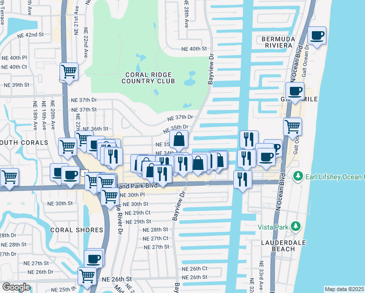 map of restaurants, bars, coffee shops, grocery stores, and more near 2764 Northeast 35th Street in Fort Lauderdale