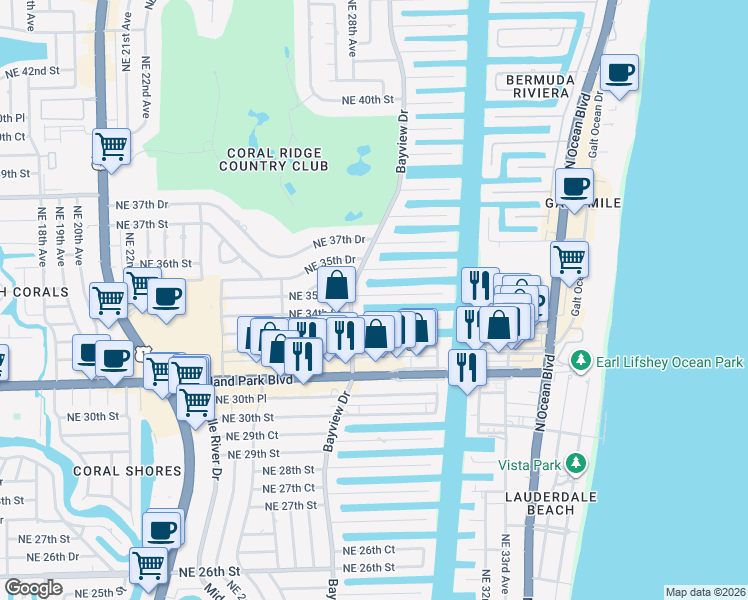 map of restaurants, bars, coffee shops, grocery stores, and more near 2824 Northeast 35th Street in Fort Lauderdale