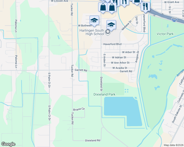 map of restaurants, bars, coffee shops, grocery stores, and more near 2409 Sapphire Circle in Harlingen