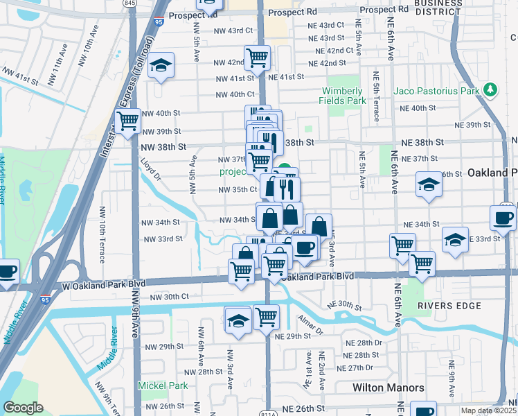 map of restaurants, bars, coffee shops, grocery stores, and more near in Oakland Park