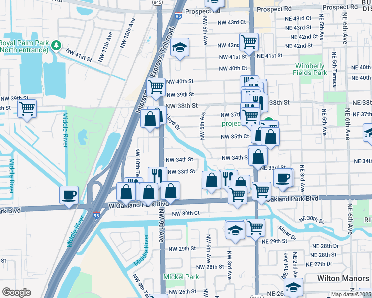 map of restaurants, bars, coffee shops, grocery stores, and more near 745 Northwest 35th Street in Oakland Park