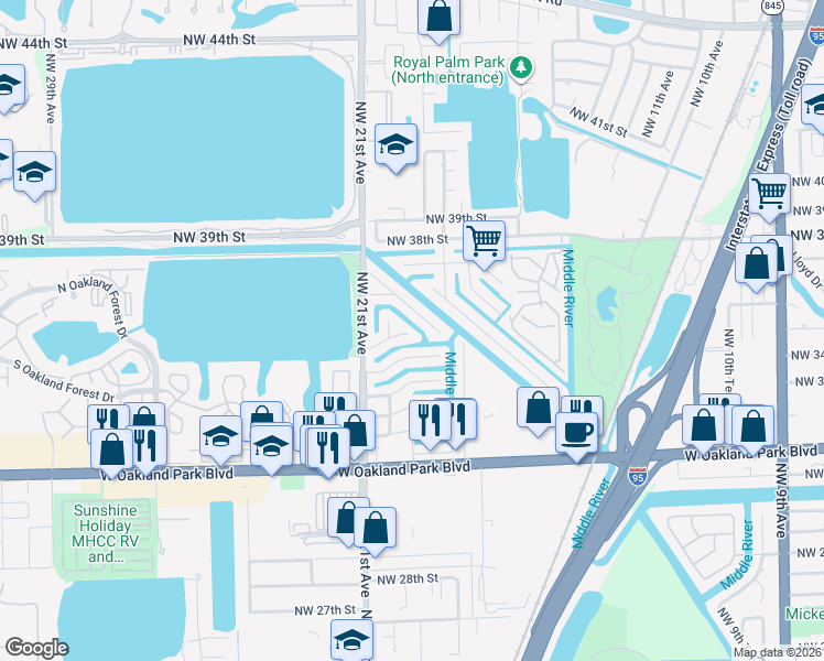 map of restaurants, bars, coffee shops, grocery stores, and more near 1951 Northwest 34th Street in Oakland Park