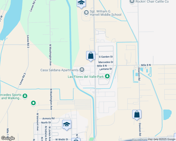 map of restaurants, bars, coffee shops, grocery stores, and more near 1225 North Baseline Road in Mercedes